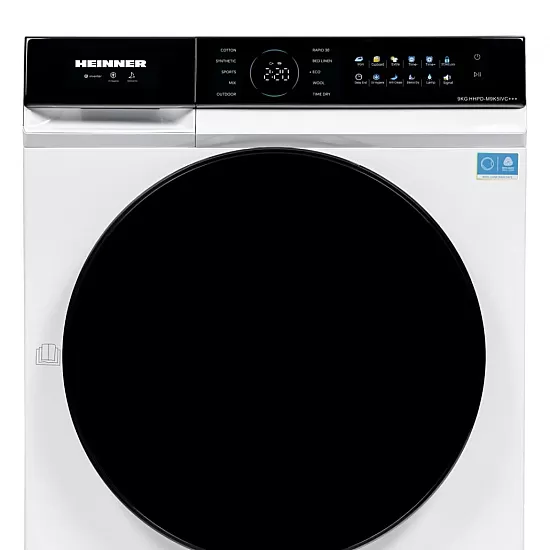 Uscator de rufe cu pompa de caldura HEINNER HHPD-M9K5IVC+++, 9 KG, Clasa C, MOTOR INVERTER, 10 programe, Control touch, Display digital, Program baby care, Functie anti-sifonare, Senzor de umiditate, Lumina cuva, Alb