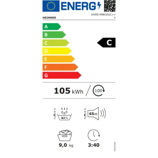 Uscator de rufe cu pompa de caldura HEINNER HHPD-M9K5IVC+++, 9 KG, Clasa C, MOTOR INVERTER, 10 programe, Control touch, Display digital, Program baby care, Functie anti-sifonare, Senzor de umiditate, Lumina cuva, Alb