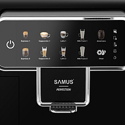 Espressor Automat Samus PERFECTION, 1350 W, 15 Bari, 7 optiuni de cafea, Rezervor de apa detasabil 2.2 litri, Capacitate rasnita 300 g, Rezervor lapte 300 ml, Sistem de curatare automata, Sistem de protectie la supraincalzire si suprapresiune, Negru