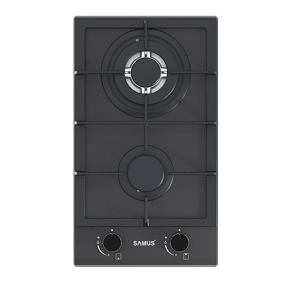 Plita incorporabila Samus PSG-32SMGN1, 2 Arzatoare, Gratar fonta, Latime 29.4 cm, Aprindere electrica, Sticla Nano neagra mata