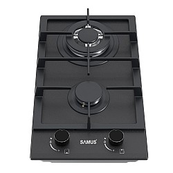 Plita incorporabila Samus PSG-32SMGN1, 2 Arzatoare, Gratar fonta, Latime 29.4 cm, Aprindere electrica, Sticla Nano neagra mata