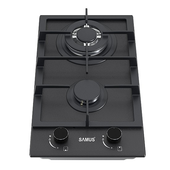 Plita incorporabila Samus PSG-32SMGN1, 2 Arzatoare, Gratar fonta, Latime 29.4 cm, Aprindere electrica, Sticla Nano neagra mata