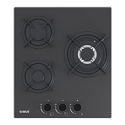 Plita incorporabila Samus PSG-43SMGN1, 3 Arzatoare gaz, Gratare individuale fonta, Latime 45 cm, Aprindere electrica, Sticla Nano neagra mata