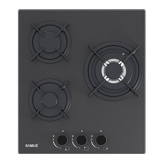 Plita incorporabila Samus PSG-43SMGN1, 3 Arzatoare gaz, Gratare individuale fonta, Latime 45 cm, Aprindere electrica, Sticla Nano neagra mata