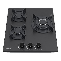 Plita incorporabila Samus PSG-43SMGN1, 3 Arzatoare gaz, Gratare individuale fonta, Latime 45 cm, Aprindere electrica, Sticla Nano neagra mata