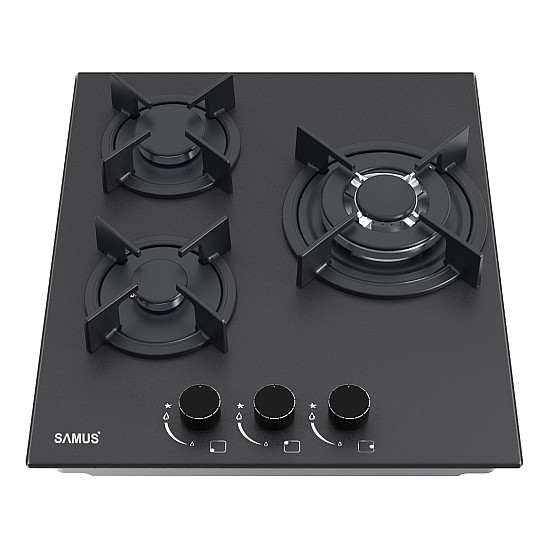 Plita incorporabila Samus PSG-43SMGN1, 3 Arzatoare gaz, Gratare individuale fonta, Latime 45 cm, Aprindere electrica, Sticla Nano neagra mata