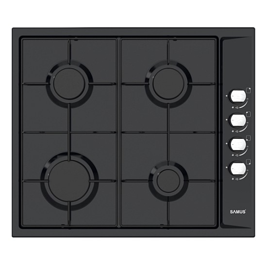 Plita incorporabila Samus PSG-64SB, Latime 58 cm, 4 arzatoare pe gaz, Gratare metalice, Aprindere electrica, Negru