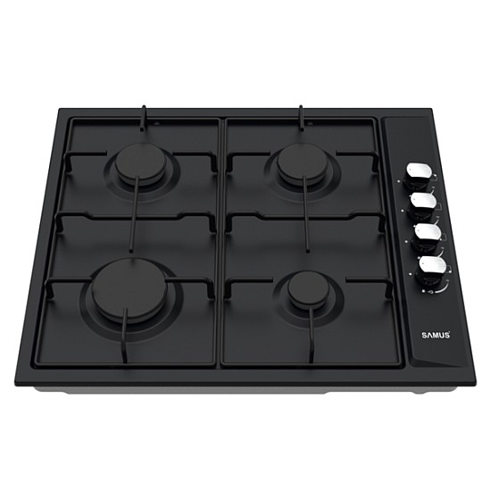 Plita incorporabila Samus PSG-64SB, Latime 58 cm, 4 arzatoare pe gaz, Gratare metalice, Aprindere electrica, Negru