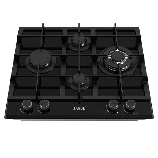 Plita incorporabila Samus PSG-64SG5 Gray, Latime 58 cm, 4 arzatoare pe gaz, gratare fonta, Aprindere electrica, Sticla gri