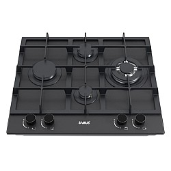 Plita incorporabila Samus PSG-64SMGN2, 4 Arzatoare gaz, Gratare fonta, Aprindere electrica, Sticla neagra Nano pentru curatare usoara (protectie la murdarie si zgarieturi)