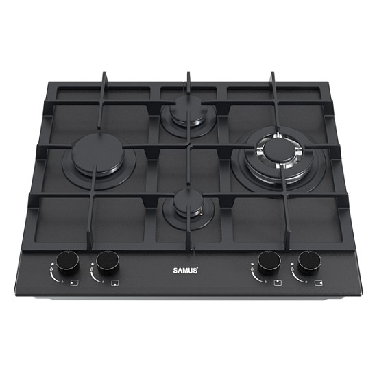 Plita incorporabila Samus PSG-64SMGN2, 4 Arzatoare gaz, Gratare fonta, Aprindere electrica, Sticla neagra Nano pentru curatare usoara (protectie la murdarie si zgarieturi)