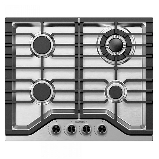 Plita incorporabila Samus PSG-64SX9, 4 arzatoare pe gaz, gratare fonta, siguranta arzatoare, aprindere electrica, 58 cm, Inox