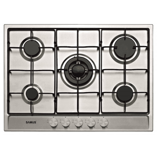 Plita incorporabila Samus PSG-75SX, 5 arzatoare pe gaz, Sistem de siguranta, Aprindere electrica, Arzator Wok, Inox