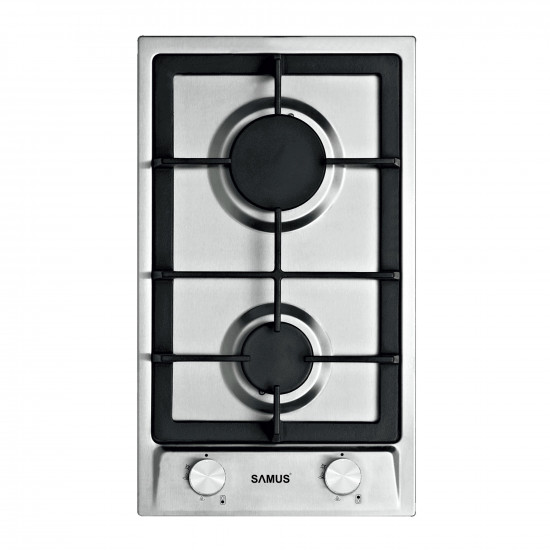 Plita pe gaz incorporabila Samus PSG-32SX, 2 arzatoare, putere 4.2 kW, aprindere electrica, dispozitiv siguranta arzatoare, argintie
