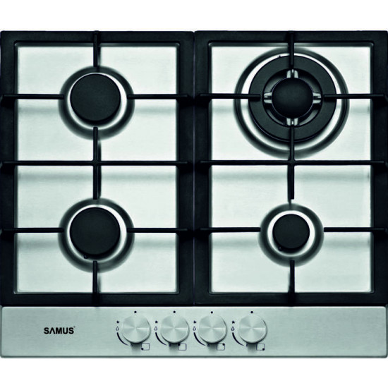 Plita incorporabila Samus PSG-64SX2, 4 arzatoare pe gaz, Sistem de siguranta, Gratar fonta, Arzator Wok, Inox