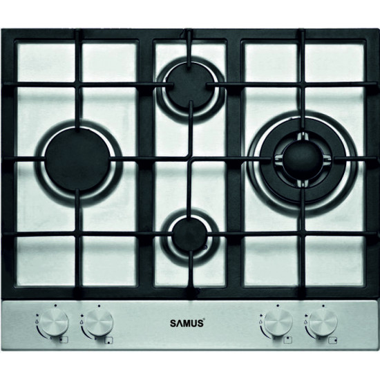 Plita incorporabila Samus PSG-64SX6, 4 arzatoare pe gaz, Sistem de siguranta, Gratar fonta, Arzator Wok, Inox