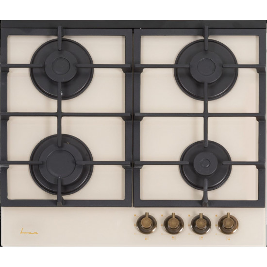 Plita incorporabila Fram FBH-S4IWF-GRBG, Gaz, 4 arzatoare, Aprindere electrica, Siguranta gaz, Gratar fonta, 60 cm, Design rustic, Sticla crem
