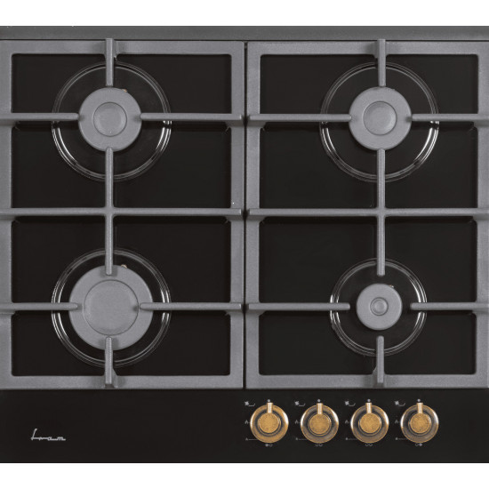 Plita incorporabila Fram FBH-S4IWF-GRBK, Gaz, 4 arzatoare, Aprindere electrica, Gratar fonta, Duze GPL incluse, 60 cm, Sticla neagra