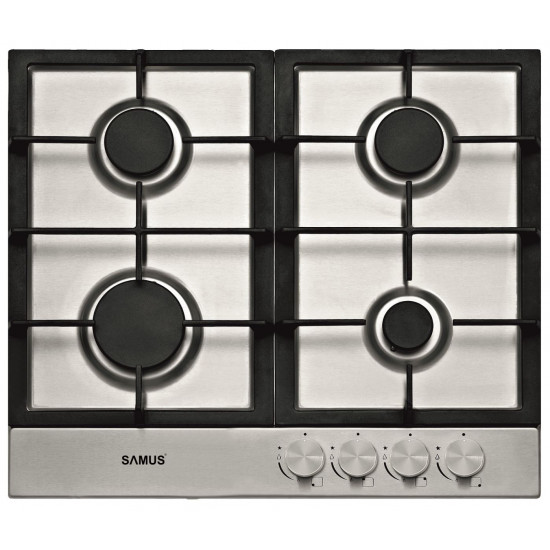 Plita incorporabila Samus PSG-64SX3, 4 arzatoare pe gaz, Sistem de siguranta, Gratar fonta, Aprindere electrica, Inox