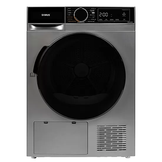 Uscator de rufe Samus SADP-836DS, 8 kg, Afisaj electronic, Tip procedura uscare pompa de caldura, 15 programe, Clasa energetica D, Anti-sifonare, Blocare acces copii, Pornire intarziata, Gri inchis