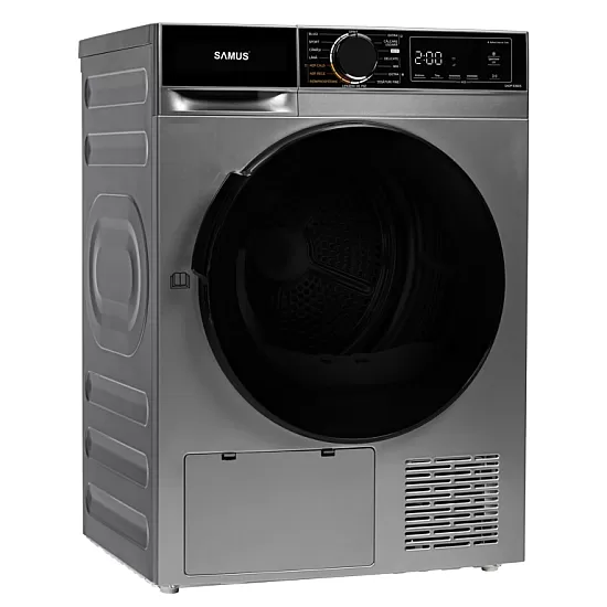 Uscator de rufe Samus SADP-836DS, 8 kg, Afisaj electronic, Tip procedura uscare pompa de caldura, 15 programe, Clasa energetica D, Anti-sifonare, Blocare acces copii, Pornire intarziata, Gri inchis