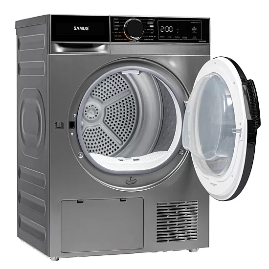 Uscator de rufe Samus SADP-836DS, 8 kg, Afisaj electronic, Tip procedura uscare pompa de caldura, 15 programe, Clasa energetica D, Anti-sifonare, Blocare acces copii, Pornire intarziata, Gri inchis
