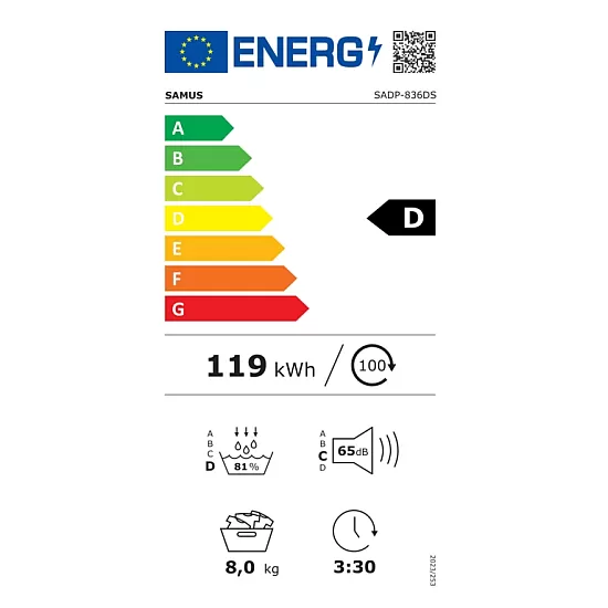 Uscator de rufe Samus SADP-836DS, 8 kg, Afisaj electronic, Tip procedura uscare pompa de caldura, 15 programe, Clasa energetica D, Anti-sifonare, Blocare acces copii, Pornire intarziata, Gri inchis