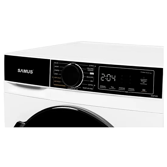 Uscator de rufe Samus SADP-835, 8 kg, Afisaj electronic, 15 programe, Clasa energetica D, Anti-sifonare, Blocare acces copii, Pornire intarziata, Alb