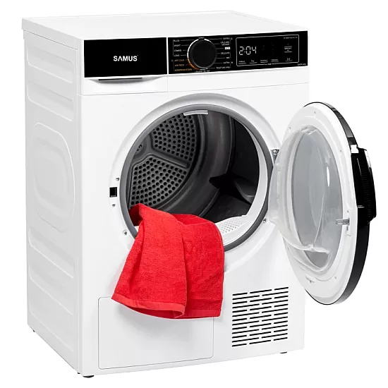 Uscator de rufe Samus SADP-835, 8 kg, Afisaj electronic, 15 programe, Clasa energetica D, Anti-sifonare, Blocare acces copii, Pornire intarziata, Alb