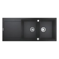 Chiuveta compozit Grohe K500 31647AP0, 1160x500 mm, reversibil, 2 boluri, montare pe blat, evacuare automata, Kit montaj si evacuare inclus, Negru granit