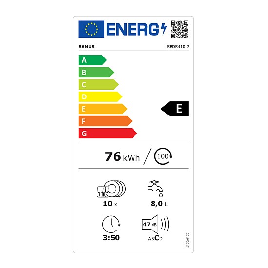 Masina de spalat vase incorporabila Samus SBDS410.7, 10 seturi, 7 programe, Clasa energetica E, Afisaj electronic, Argintiu