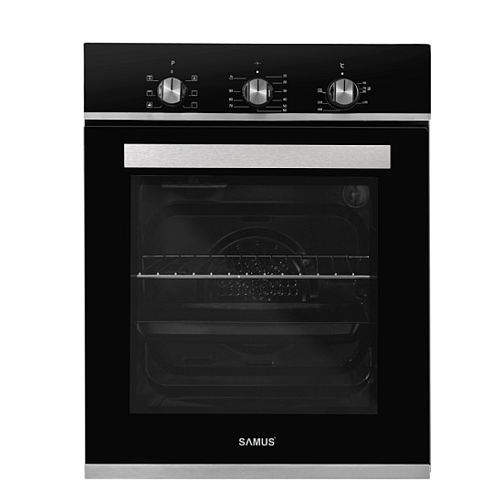 Cuptor incorporabil Samus SC457GTBV, 43 L, Latime 45 cm, 1900 W, 6 functii, Ventilator, Grill, Clasa energetica A, Timer mecanic, Negru/Inox