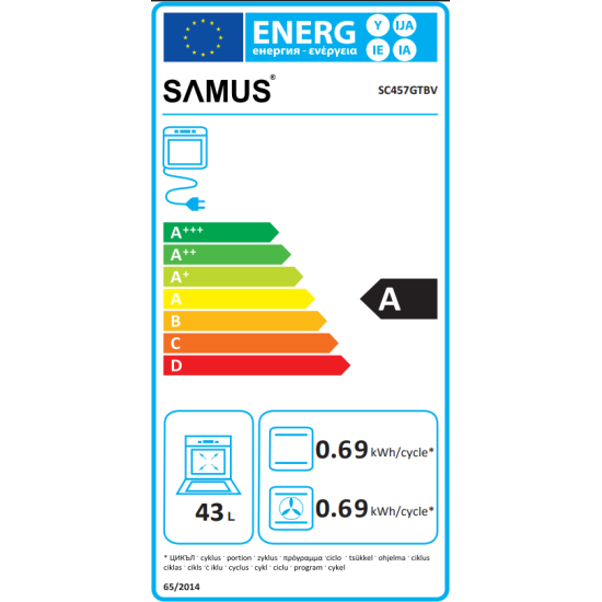 Cuptor incorporabil Samus SC457GTBV, 43 L, Latime 45 cm, 1900 W, 6 functii, Ventilator, Grill, Clasa energetica A, Timer mecanic, Negru/Inox