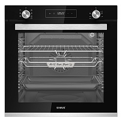 Cuptor incorporabil Samus SCE827GCF, 80 L, 2500 W, 7 Functii, Timer digital, Grill electric, Ventilator, Clasa energetica A, Curatare catalitica, Sticla neagra