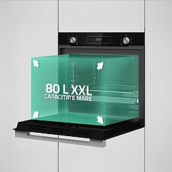 Cuptor incorporabil Samus SCE827GCF, 80 L, 2500 W, 7 Functii, Timer digital, Grill electric, Ventilator, Clasa energetica A, Curatare catalitica, Sticla neagra