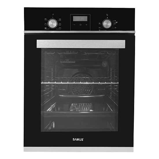 Cuptor incorporabil Samus SCE459GTBV, 1900 W, 47L, 6 functii, Latime 45 cm, Clasa energetica A, Grill, Timer, Ventilatie, Gatire automata, Blocare acces copii, Negru/Inox