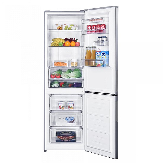 Combina Frigorifica Samus SCX486NFE, 347 L, Full No Frost, Clasa energetica E, Termostat electronic, 3 sertare la congelator, H 195 cm, Inox/ Argintiu