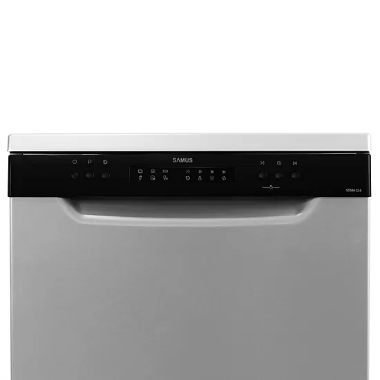 Masina de spalat vase Samus SDSB612.6, 12 seturi, 6 Programe, Latime 60 cm, Clasa energetica E, Control electronic leduri, Argintiu