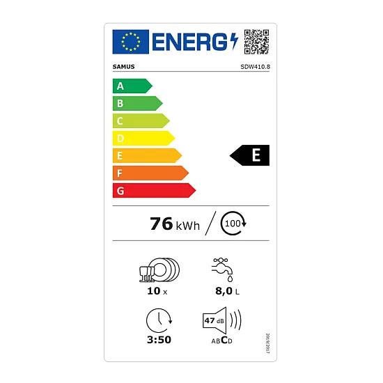 Masina de spalat vase Samus SDW410.8, 10 seturi, Latime 45 cm, 8 Programe, Clasa energetica E, Afisaj electronic, Alb