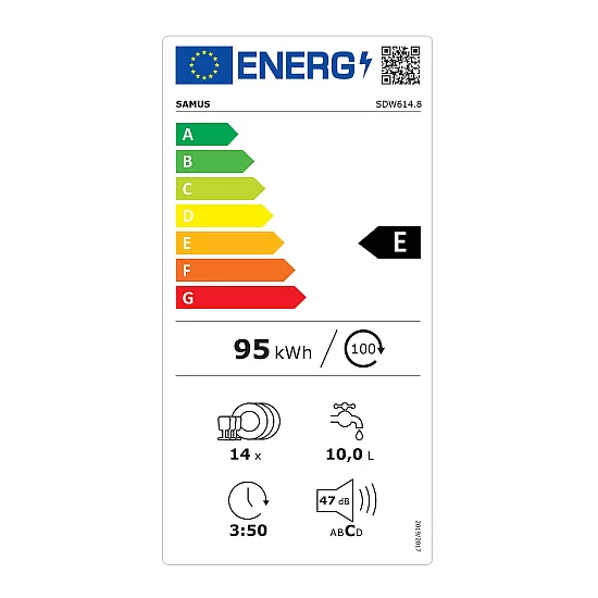 Masina de spalat vase Samus SDW614.8, 14 seturi, Latime 60 cm, 8 programe, Clasa energetica E, Afisaj electronic, Alb
