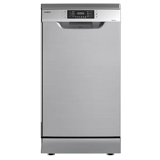Masina de spalat vase Samus SDX410.8, 10 seturi, Latime 45 cm, 8 Programe, Clasa energetica E, Afisaj electronic, Pornire intarziata, Inox/Argintiu