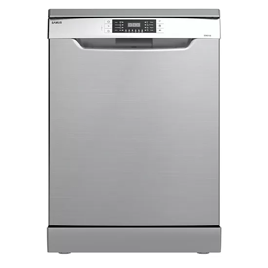 Masina de spalat vase Samus SDX614.8, 14 seturi, Latime 60 cm, 8 programe, Clasa energetica E, Afisaj electronic, Pornire intarziata, Sertar pt tacamuri Inox/Argintiu