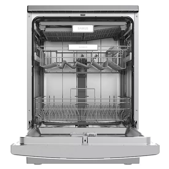Masina de spalat vase Samus SDX614.8, 14 seturi, Latime 60 cm, 8 programe, Clasa energetica E, Afisaj electronic, Pornire intarziata, Sertar pt tacamuri Inox/Argintiu