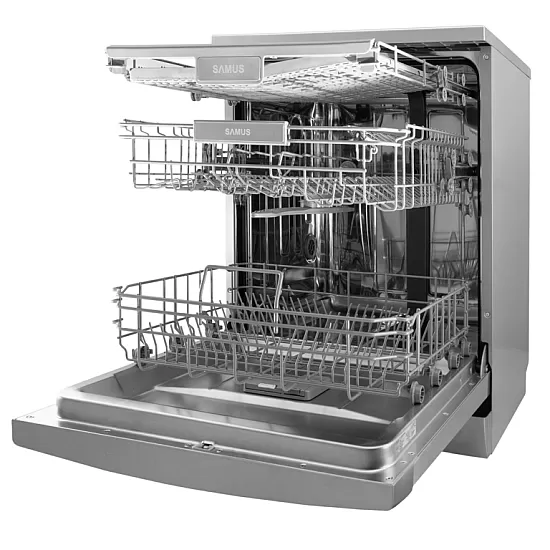 Masina de spalat vase Samus SDX614.8, 14 seturi, Latime 60 cm, 8 programe, Clasa energetica E, Afisaj electronic, Pornire intarziata, Sertar pt tacamuri Inox/Argintiu
