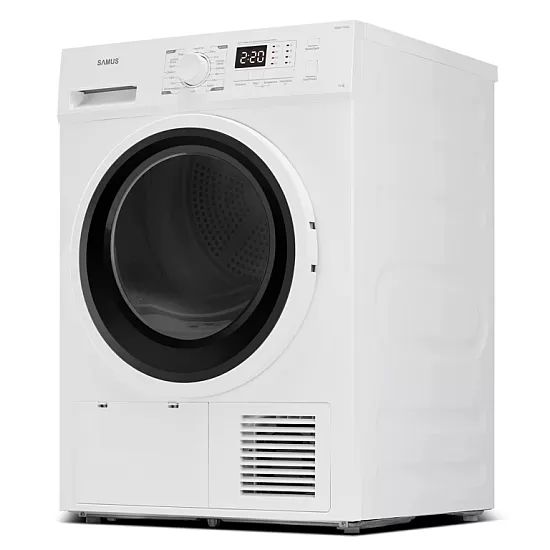 Uscator de rufe Samus SGDP-1024, 10 kg, Afisaj electronic, Tip procedura uscare pompa de caldura, 16 programe, Clasa energetica D, Anti-sifonare, Blocare acces copii, Pornire intarziata, Alb