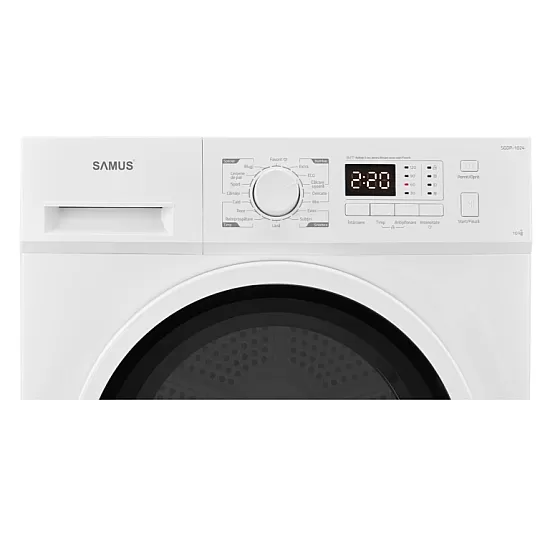 Uscator de rufe Samus SGDP-1024, 10 kg, Afisaj electronic, Tip procedura uscare pompa de caldura, 16 programe, Clasa energetica D, Anti-sifonare, Blocare acces copii, Pornire intarziata, Alb