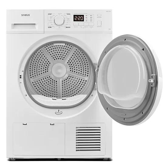 Uscator de rufe Samus SGDP-1024, 10 kg, Afisaj electronic, Tip procedura uscare pompa de caldura, 16 programe, Clasa energetica D, Anti-sifonare, Blocare acces copii, Pornire intarziata, Alb