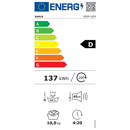 Uscator de rufe Samus SGDP-1024, 10 kg, Afisaj electronic, Tip procedura uscare pompa de caldura, 16 programe, Clasa energetica D, Anti-sifonare, Blocare acces copii, Pornire intarziata, Alb