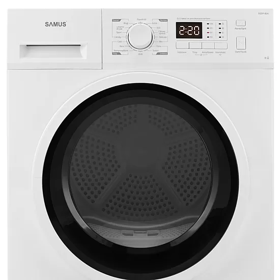 Uscator de rufe Samus SGDP-824, 8 kg, Tip procedura uscare pompa de caldura, 16 programe, Clasa energetica E, Anti-sifonare, Blocare acces copii, Pornire intarziata, Alb