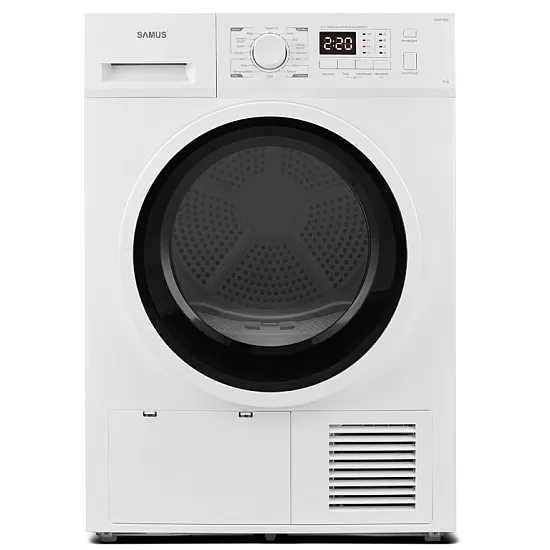 Uscator de rufe Samus SGDP-824, 8 kg, Tip procedura uscare pompa de caldura, 16 programe, Clasa energetica E, Anti-sifonare, Blocare acces copii, Pornire intarziata, Alb